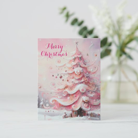 Cartes Pour Fêtes Annuelles Arbre de Noël impressionniste Whimsical rose (Debout devant)