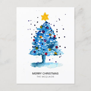 Cartes Pour Fêtes Annuelles Arbre de Noël moderne Aquarelle bleu