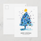 Cartes Pour Fêtes Annuelles Arbre de Noël moderne Aquarelle bleu (Devant / Derrière)