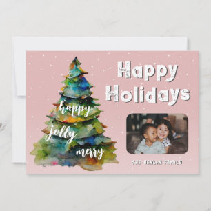 Cartes Pour Fêtes Annuelles Arbre de Noël Neige Aquarelle Rose Photo de Famill