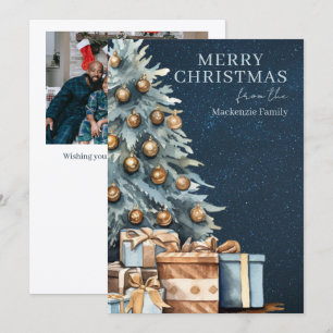 Cartes Pour Fêtes Annuelles Arbre de Noël Photo Personnalisé Bleu Or Vert