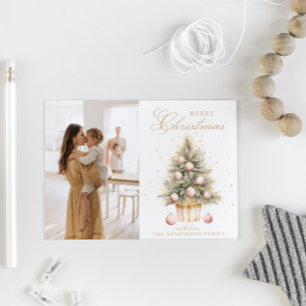 Cartes Pour Fêtes Annuelles Arbre de Noël rose doux aquarelle photo personnali