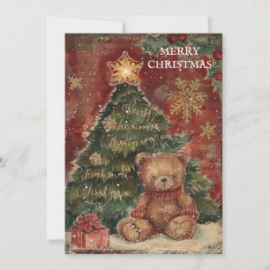 Cartes Pour Fêtes Annuelles Arbre de Noël Vintage Ours en Peluche Rouge Vert