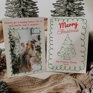 Cartes Pour Fêtes Annuelles Arbre de Noël vintage rouge vert dessiné à la main