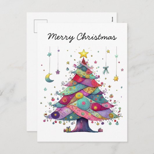 Cartes Pour Fêtes Annuelles Arbre de Noël Whimsical, style d'art populaire (Devant / Derrière)