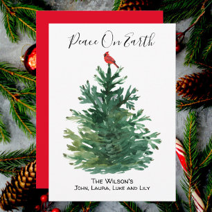 Cartes Pour Fêtes Annuelles Arbre de pin vert cardinal rouge Paix sur Terre Pe