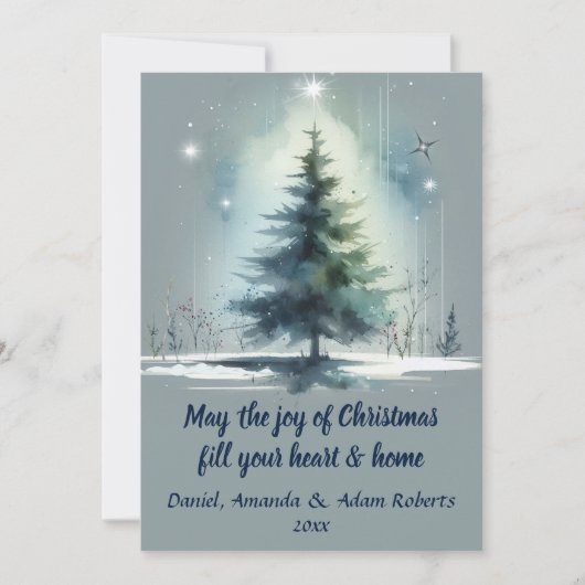 Cartes Pour Fêtes Annuelles Arbre de style aquarelle sur fond bleu moyen (Devant)