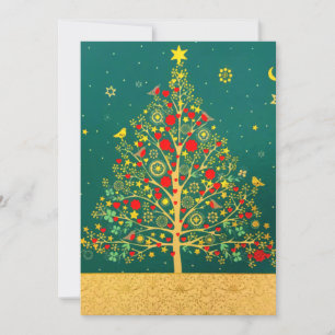 Cartes Pour Fêtes Annuelles Arbre d'oiseau d'hiver de Noël de paillettes d'or