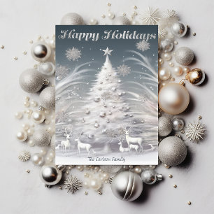 Cartes Pour Fêtes Annuelles Arbre gelé en argent enchanté et rennes Noël