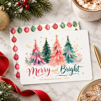 Cartes Pour Fêtes Annuelles Arbres de Noël aquarelle colorés Merry & Bright