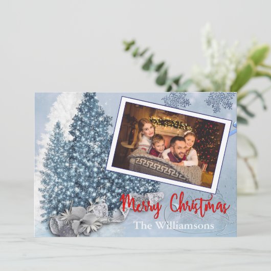 Cartes Pour Fêtes Annuelles Arbres de Noël Bleus Neige Avec Dentelle Photo (Debout devant)