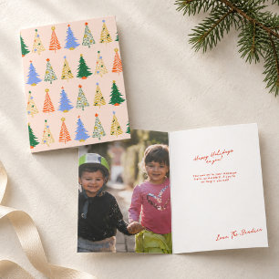Cartes Pour Fêtes Annuelles Arbres de Noël Fantaisistes Colorés sur Fond Rose