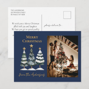 Cartes Pour Fêtes Annuelles Arbres de Noël modernes Photo de famille Bleu mari