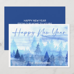 Cartes Pour Fêtes Annuelles Arbres de pin aquarelle bleue Hiver Bonne année