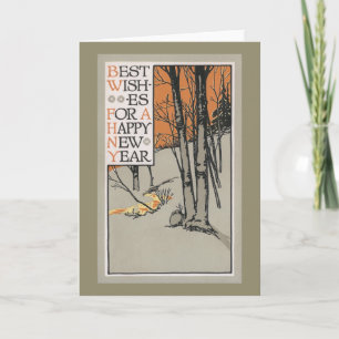 Cartes Pour Fêtes Annuelles Arbres d'hiver et ciel orange Nouvel An Vintage