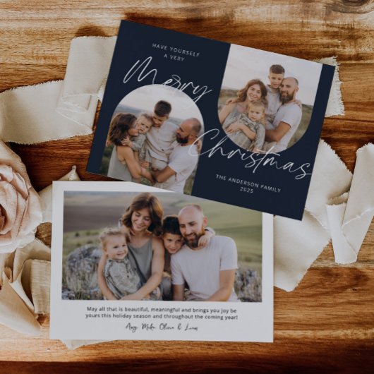 Cartes Pour Fêtes Annuelles Arc Bleu Photos Moderne Élégant Script Noël