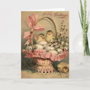 Cartes Pour Fêtes Annuelles Arc de rose de poussin d'oeufs de panier de Pâques