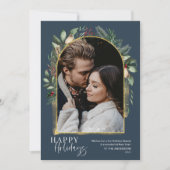 Cartes Pour Fêtes Annuelles Arc de verdure doré Navy chic photo de script (Devant)