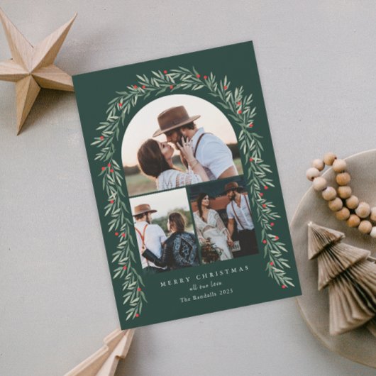 Cartes Pour Fêtes Annuelles Arc de verdure Script moderne 3 Photo Noël