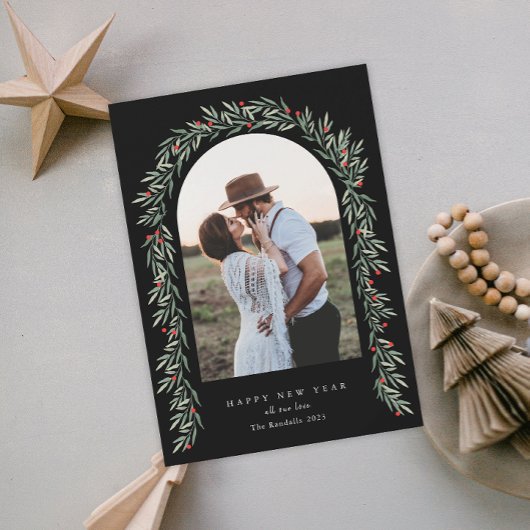 Cartes Pour Fêtes Annuelles Arc de verdure Script moderne Photo Bonne année