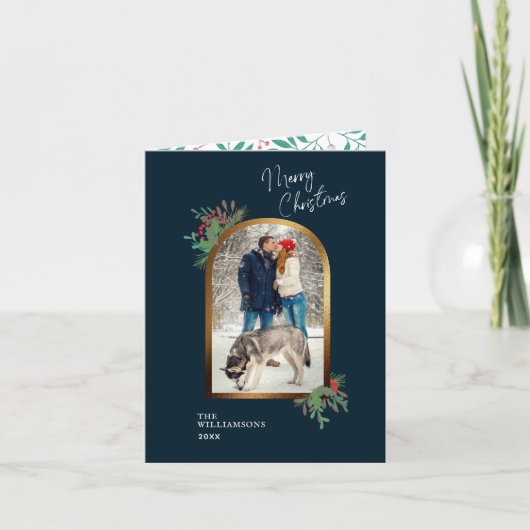 Cartes Pour Fêtes Annuelles Arc d'or 2 Photo Joyeux Noël (Devant)