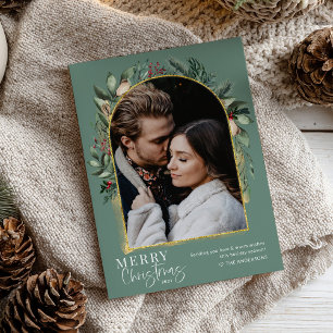 Cartes Pour Fêtes Annuelles Arc d'or vert moderne Joyeux Noël Photo
