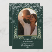 Cartes Pour Fêtes Annuelles Arc d'or vert Script photo Noël (Devant / Derrière)