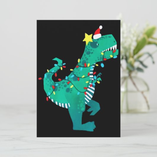 Cartes Pour Fêtes Annuelles Arc-en-ciel vert Dinosaure Rugissement Noël Hiver (Debout devant)