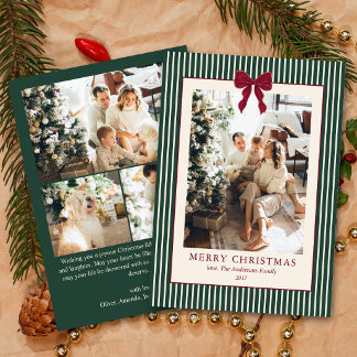Cartes Pour Fêtes Annuelles Arc en ruban rouge élégant rayures vertes Noël 4 P