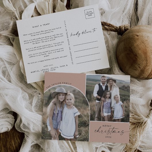 Cartes Pour Fêtes Annuelles Arc moderne Boho Saumon 3 Photos de famille Noël