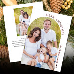 Cartes Pour Fêtes Annuelles Arc moderne élégant 2 Photo Noël<br><div class="desc">Cette carte photo de Noël offre un design minimaliste avec une photo moderne voûtée à l'avant et une autre photo verticale à l'arrière. Le design offre du texte rouge foncé qui courbe le long du bord de l'image est accentué avec un élégant script manuscrit. Ajoutez votre message personnel à l'arrière....</div>