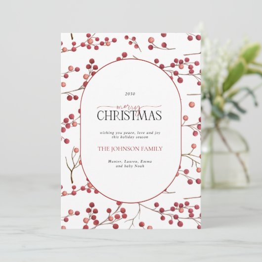 Cartes Pour Fêtes Annuelles Arc moderne naturel rouge Berry Joyeux Noël Holi (Debout devant)