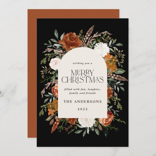 Cartes Pour Fêtes Annuelles Arc noir en terre cuite fleurie botanique élégant (Devant / Derrière)