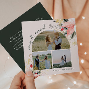 Cartes Pour Fêtes Annuelles Arc rose Floral Joyeux & Marié Trois Photo