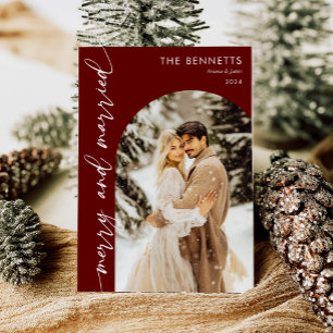 Cartes Pour Fêtes Annuelles Arc rouge moderne photo Nouveaux mariés Joyeux et 