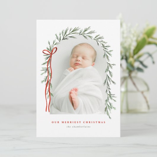 Cartes Pour Fêtes Annuelles Arc vert & Bow Élégant Script Multi Photo (Debout devant)