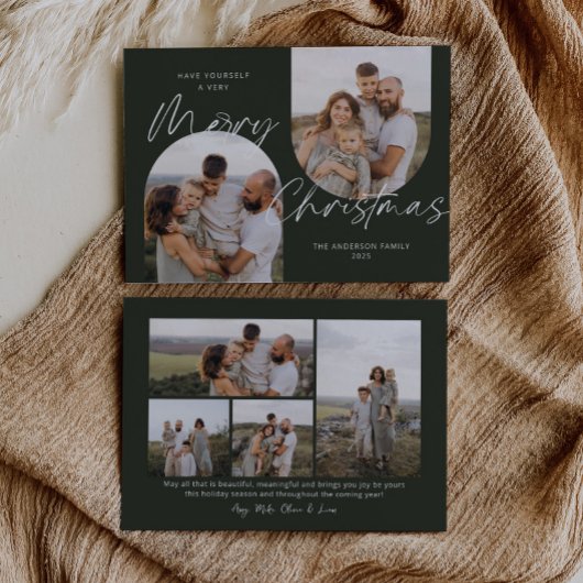 Cartes Pour Fêtes Annuelles Arc Vert Photos Moderne Élégant Script Noël