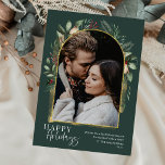 Cartes Pour Fêtes Annuelles Arche en or vert de la forêt avec photo de script<br><div class="desc">Ce design se compose d'une arche verte moderne avec un cadre doré délicat à la parties scintillant et des touches dorées avec une seule photo verticale et un motif vert parties scintillant à l'arrière. Pour effectuer des modifications avancées, sélectionnez l'option "Cliquez pour customiser plus loin" dans la section "Personnaliser ce...</div>