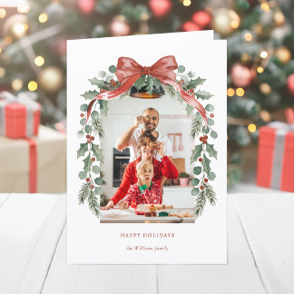 Cartes Pour Fêtes Annuelles Arched Watercolor Christmas Bow w/Holly Photo