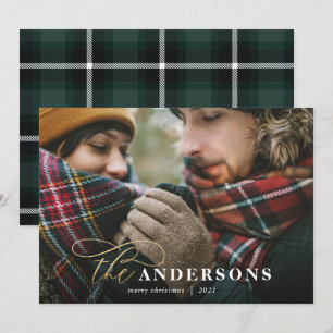 Cartes Pour Fêtes Annuelles Arrière-plan en or vert plaid 1 photo Noël