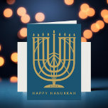 Cartes Pour Fêtes Annuelles Art Déco Hanukkiah Menorah Bonne Hanoukka<br><div class="desc">Souhaitez à vos amis et à votre famille "Happy Hanoukka" avec cet art déco inspiré hanukkiah,  avec des couleurs éditables de la menorah et de l'arrière - plan. Photo facultative à l'intérieur.</div>