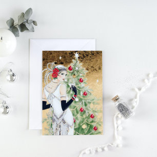 Cartes Pour Fêtes Annuelles Art déco rétro vintage Noël ajouter message dame