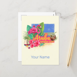 Cartes Pour Fêtes Annuelles Aruba Retro Caraïbes île avec Flamant rose Vintage