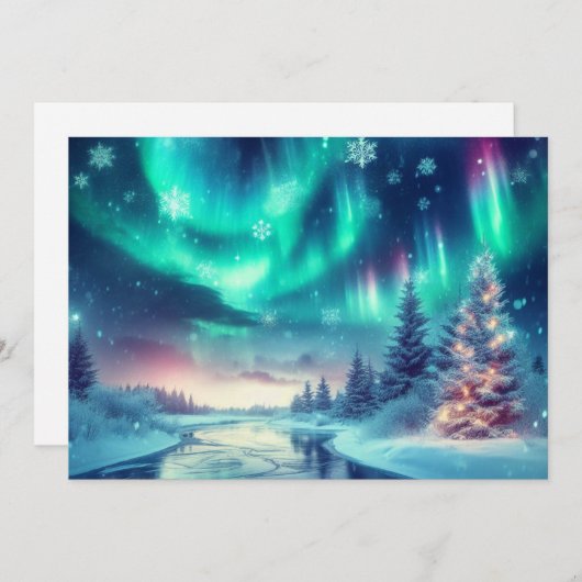 Cartes Pour Fêtes Annuelles aurore boréale/Noël/Hiver (Devant / Derrière)
