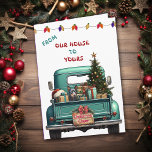 Cartes Pour Fêtes Annuelles Australian Kelpie Dog Farm Truck Card<br><div class="desc">Un pick-up bleu turquoise porte un arbre de Noël décoré et des paquets cadeaux sur le devant de cette jolie carte de Noël. Kelpie Dog, un Australien noir et bronzé, regarde depuis la porte arrière. Un panneau en bois rustique sur le pare-chocs arrière dit "Cheer de Noël". En haut de...</div>