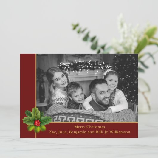 Cartes Pour Fêtes Annuelles Auto Black and White Photo With Holly Frame (Debout devant)