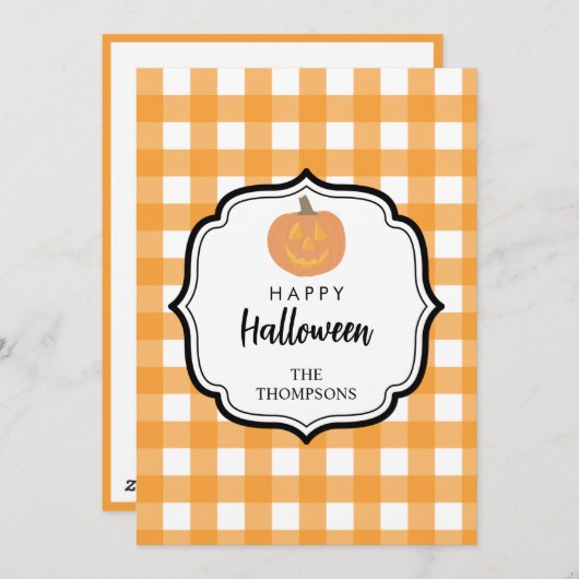 Cartes Pour Fêtes Annuelles Automne Orange Carreaux Halloween Citrouille (Devant / Derrière)