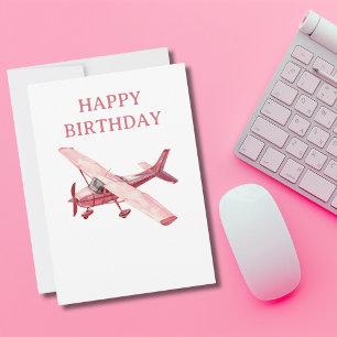 Cartes Pour Fêtes Annuelles Avion Rose Cessna Aquarelle Fête d'Anniversaire Am