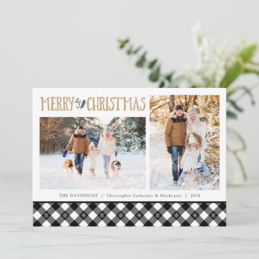 Cartes Pour Fêtes Annuelles B&W Buffalo Check Snowflakes | Joyeux Noël (Debout devant)