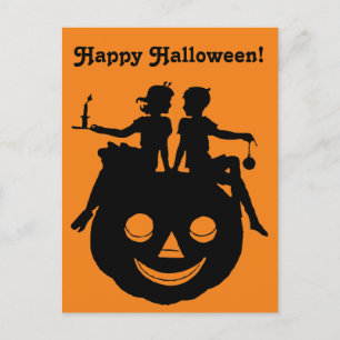 Cartes Pour Fêtes Annuelles B/W Halloween Silhouette Garçon Citrouille assis